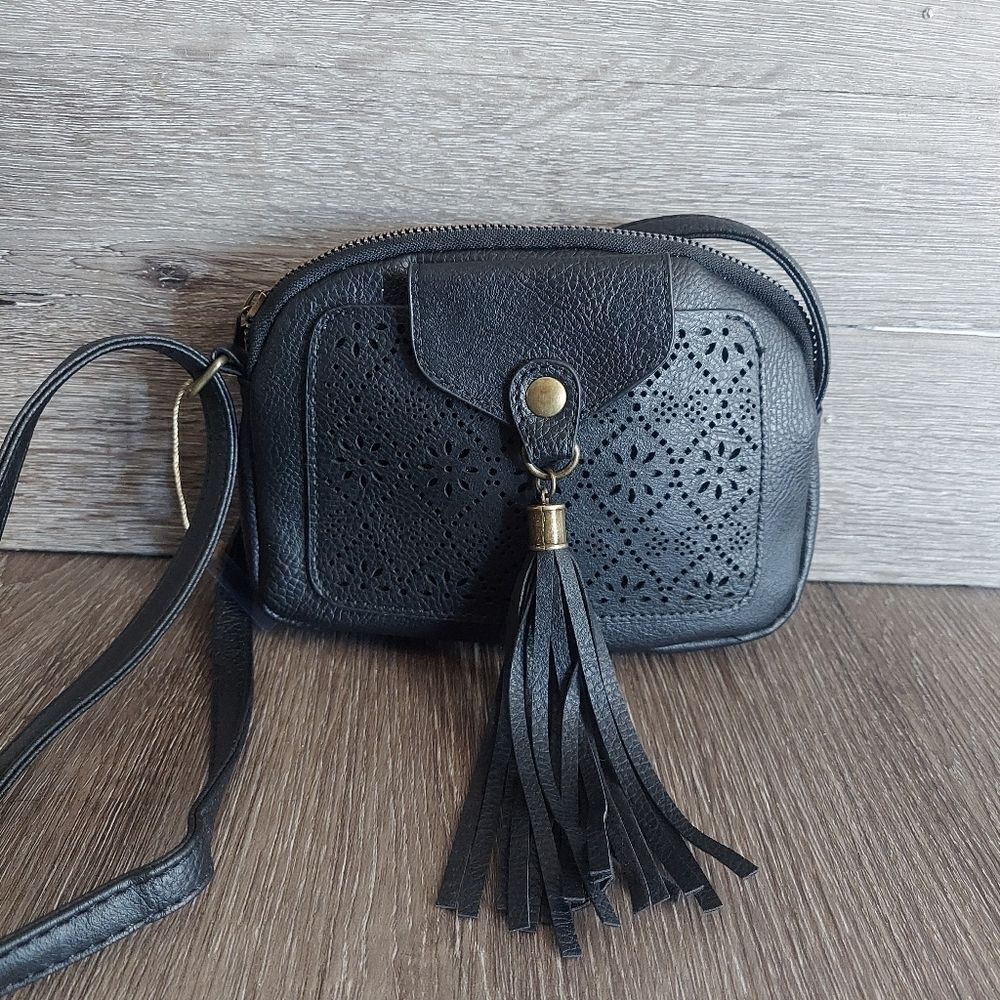 Black Laser Cut Faux Leather Mini Crossbody Bag